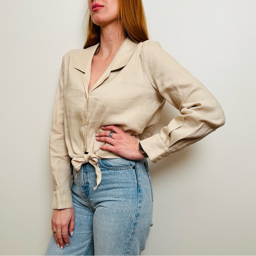 NWOT Gianni Bini Rebecca Linen Long Sleeve Tie Hem Button Down Shirt Blouse